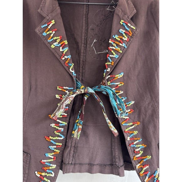 Julie G Boho Beaded Seashell Brown Front Tie Hippy Jacket Large Vintage - Picture 2 of 9